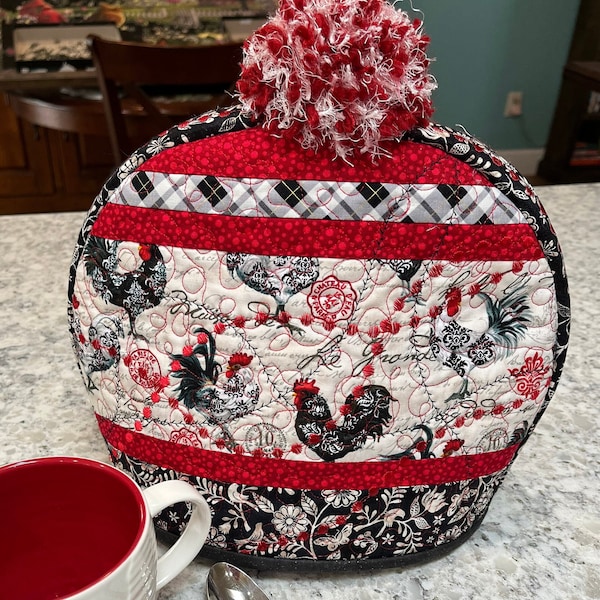 Tea Pot Cover: Scrappy Kitchen Tea Cozy Décor with Embroidery, Padded Quilting for Temperature Control, Black & Cream Toile Chickens