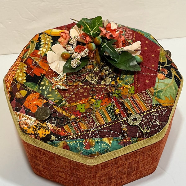 Upcycled Tin Trinket Box: Autumn Inspired Storage with Floral Décor and Rhinestone Butterfly Embellishments - Crazy Quilted Button Box