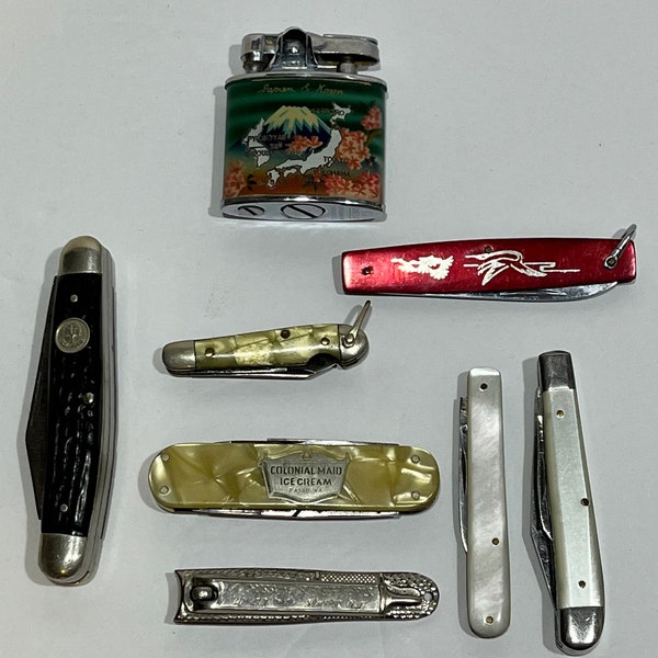 Vintage Collection of Pocket Knives, Some with Advertising, Mt. Fugi Lighter & 1950 Ornate La Cross Nail Clipper - Engraved, 1940 - 1970's