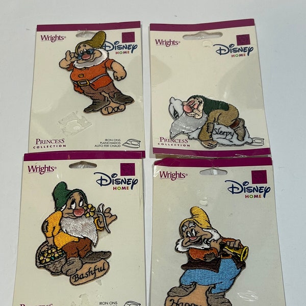 Disney Snow White Dwarfs Iron-On Embroidery, New Old Stock Doc - Happy - Bashful & Sleepy, Wrights Trim for Disney Home Princess Collection