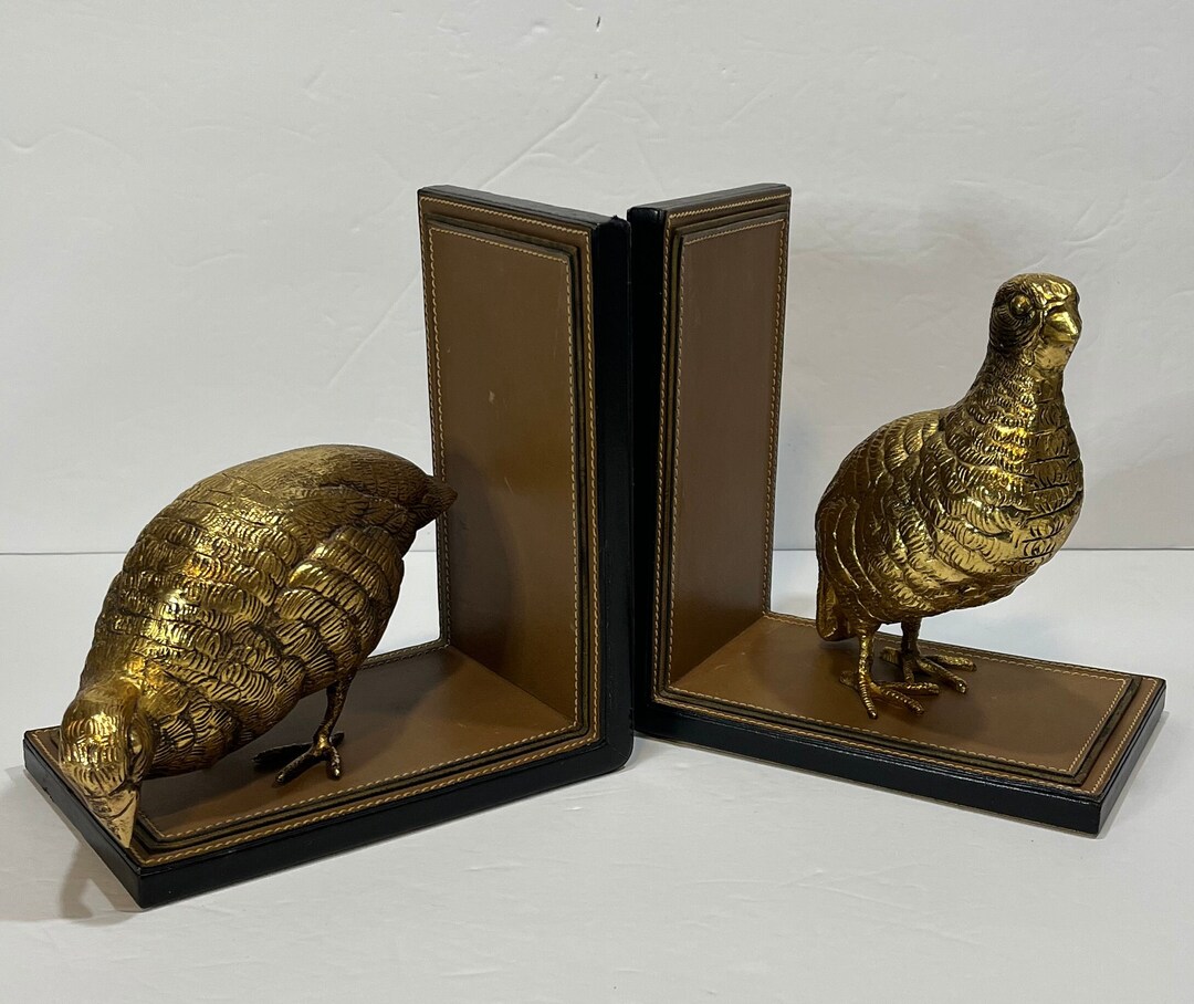 Rare Gucci 70's Vintage Quail Bookends Pair of Brass Birds on Leather