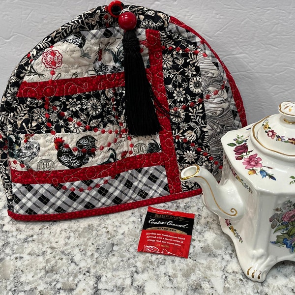 Tea Pot Cover: Scrappy Kitchen Tea Cozy Décor with Embroidery, Padded Quilting for Temperature Control, Black & Cream Toile Chickens