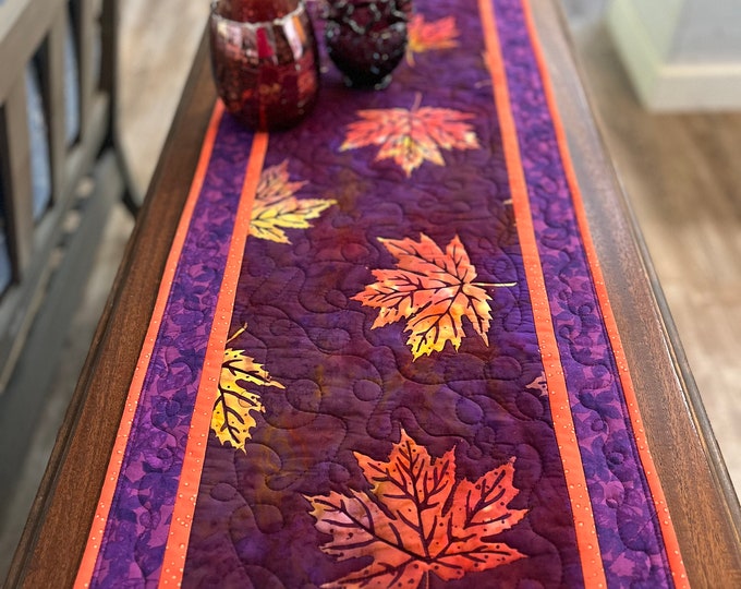 Autumn 48" Reversible Table Runner: Batik Fall Leaves in Plum & Russet ...