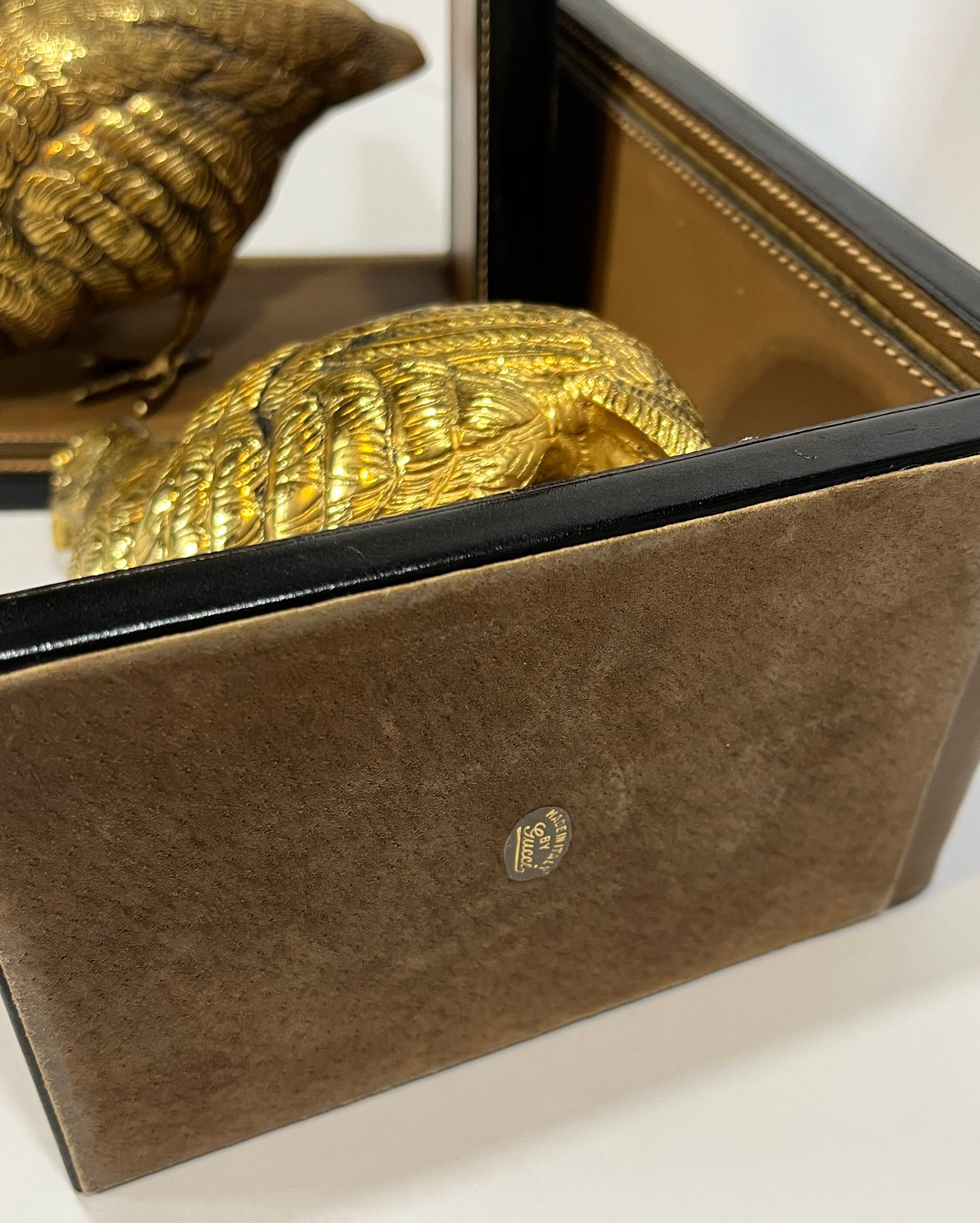 Rare Gucci 70's Vintage Quail Bookends Pair of Brass Birds on Leather