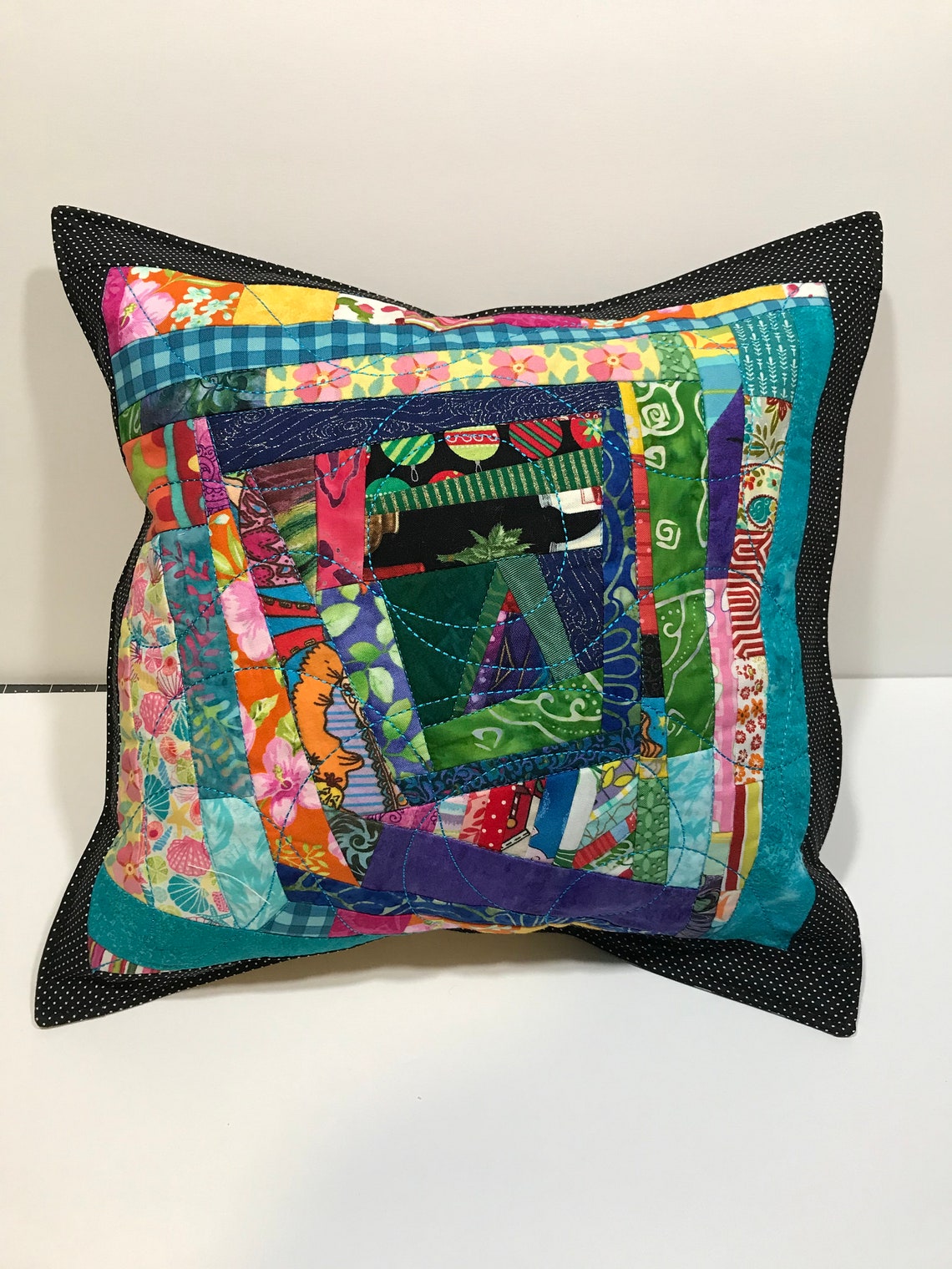 Crazy Quilt Pillow Décor Bright and Bold Scrappy Pieced Style Etsy