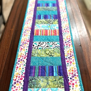 Strip Pieced Table Runner: Embroidered Quilted Home Decor (72x11)