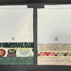 Dish Towel Set: Christmas Kitchen Tea Towels, Ivory with Fabric Piecing & Vintage Trim, Oversized 100% Cotton Flour Sack Style Hand Towels