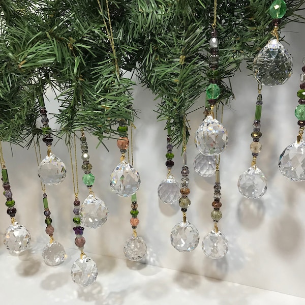 3 Crystal Christmas Ornaments: Set of Three Beaded Drops with 30mm Fine Faceted Turkish Crystal, for Christmas Tree Holiday Décor or Prism