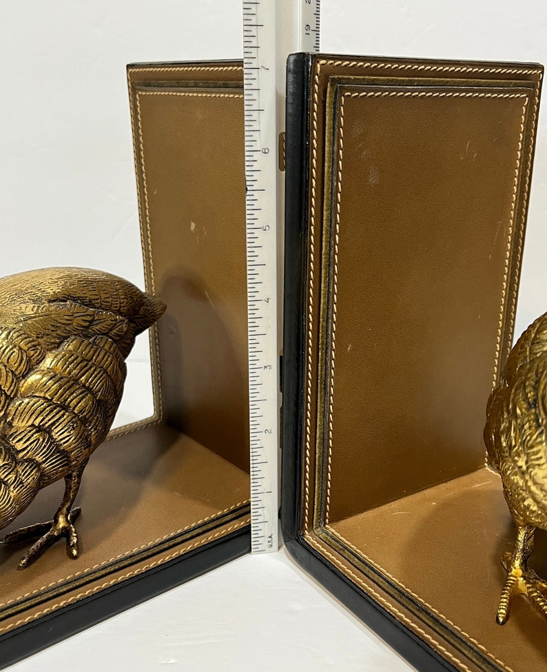 Rare Gucci 70's Vintage Quail Bookends Pair of Brass Birds on Leather