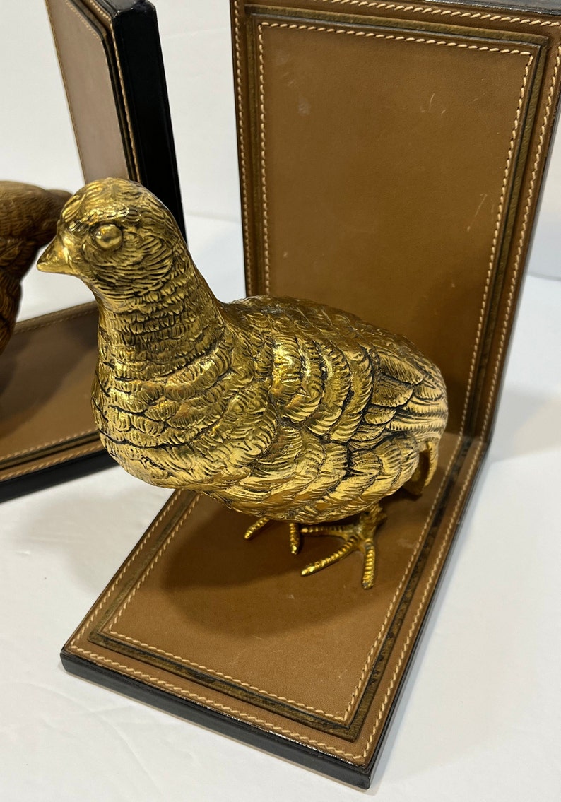 Rare Gucci 70's Vintage Quail Bookends Pair of Brass Birds on Leather