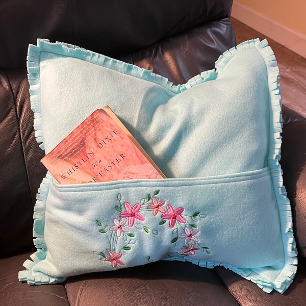 Fleece Pillow Décor: Whimsical Pocketed Soft Aqua Fleece, Embellished with Raspberry Pink Embroidery & Fringe -- Sham Cover Only
