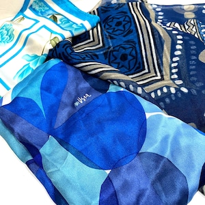 Vintage Scarves Lot of 3: Blue Silk Pair & Poly Square, Including Vera + Alexon - Made in Italy, 1980 - 90's era