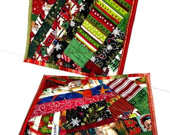 Christmas Potholder Pair: Oversized, Scrappy Holiday Kitchen Tools, Quilted & Embroidered with Heat Resistant Batting
