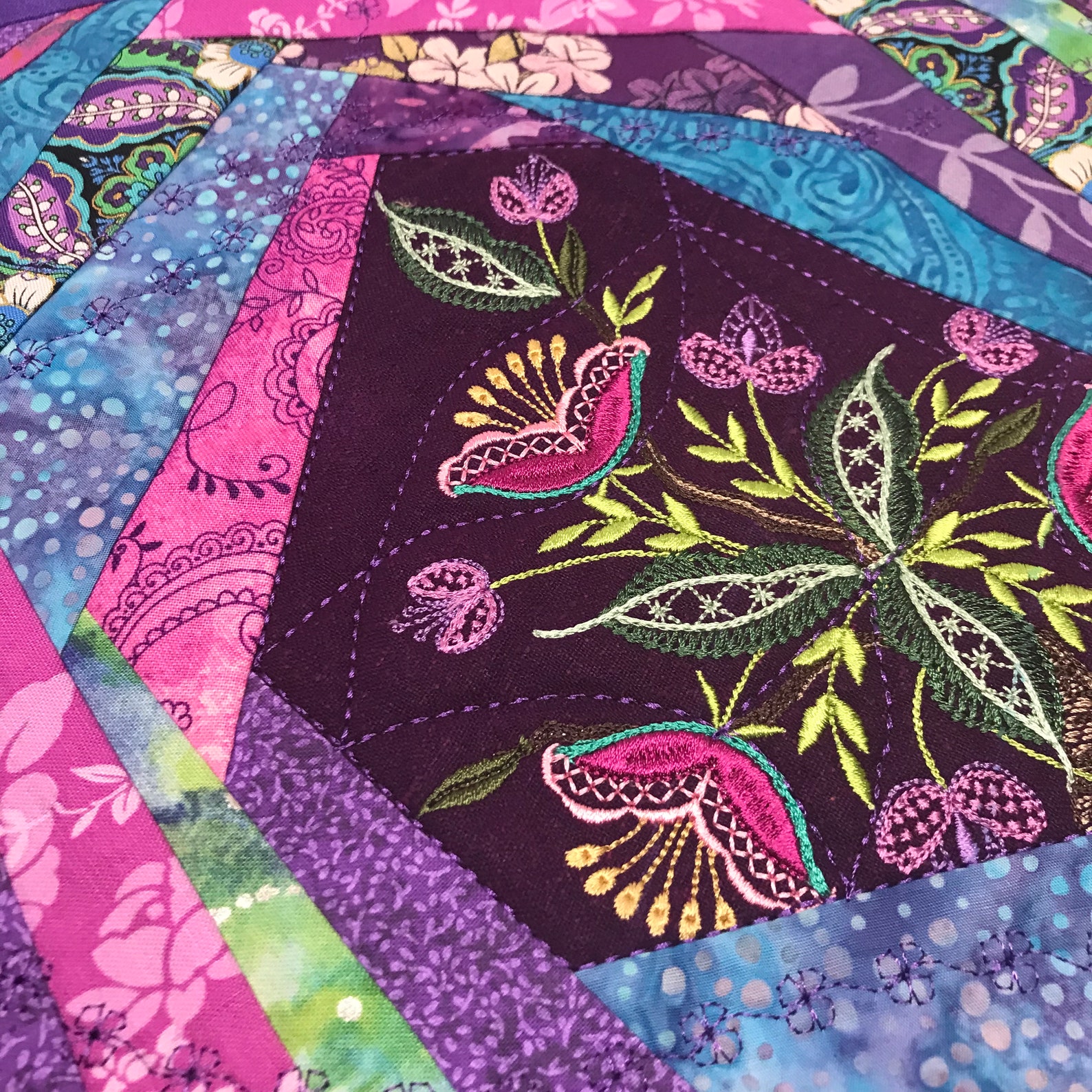 Crazy Quilt Pillow Décor Purple Silk with Floral Embroidery Etsy