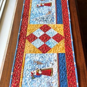 Christmas Table Runner: Quilted 66" Winter Santa & Deer Scene with 9 Patch and Metallic Accents