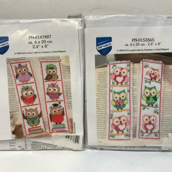 Owls Counted Cross Stitch Kits, New Old Stock, 2 Packs of Colorful Owl Bookmark Pairs Craft, By Vervaco, Featuring Books & Hearts