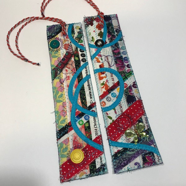 Bookmark Pair: Scrappy Crazy Quilt Inspired with Selvage Edge Details, Embellished, Pieced, & Appliqued Textile / Fiber Art Bookmarks
