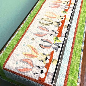 Bunnies Table Runner 47": Quilted Dresser or Buffet, Spring Home & Nursery Décor, Easter Rabbits