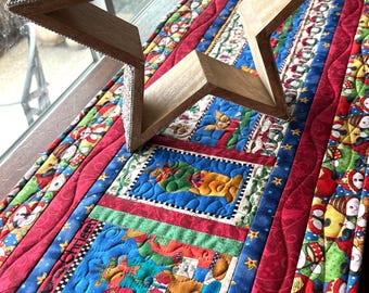 Christmas Quilted Table Runner 70": Vintage Holiday Fabric with Angels, Santa & Reindeer