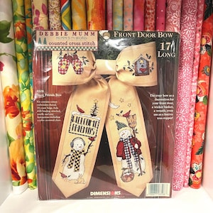 Kit de Noël de Debbie Mumm : « Snow Friends Bow » point de croix compté, dimensions NOS 1996, couture de porte pour les fêtes