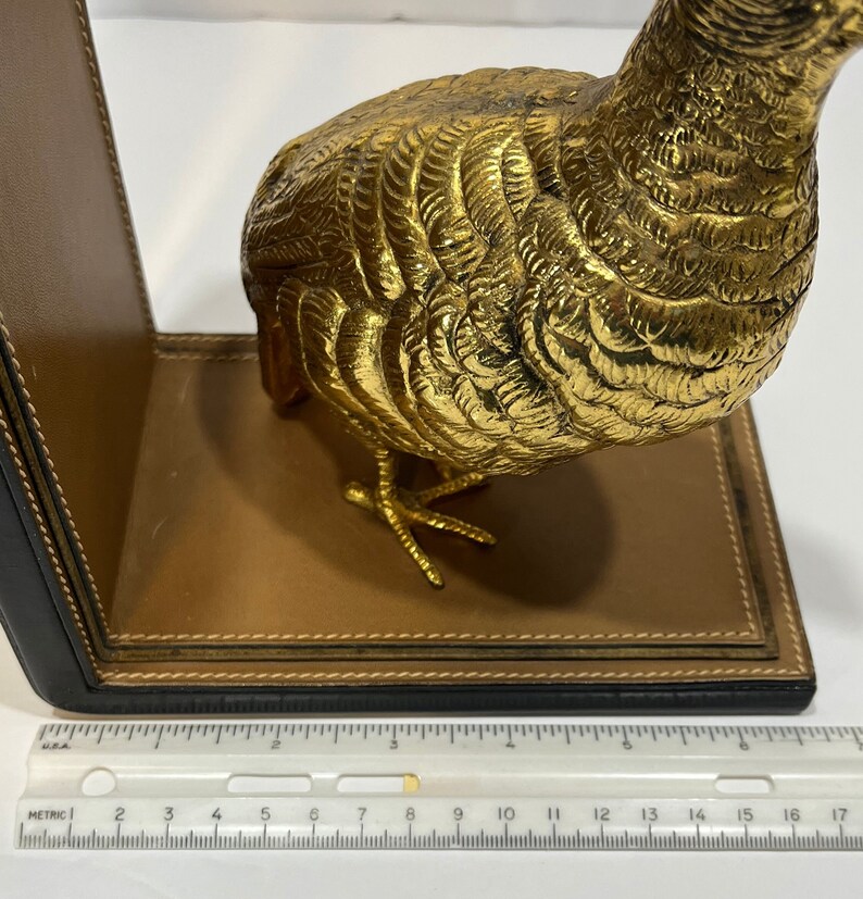 Rare Gucci 70's Vintage Quail Bookends Pair of Brass Birds on Leather