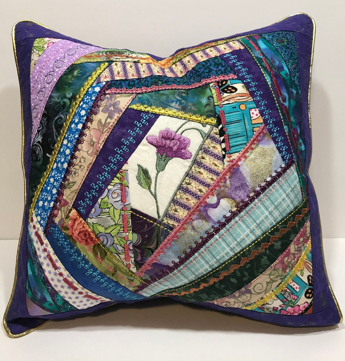 Crazy Quilt Pillow Décor Blue Green Purple Victorian Style Etsy
