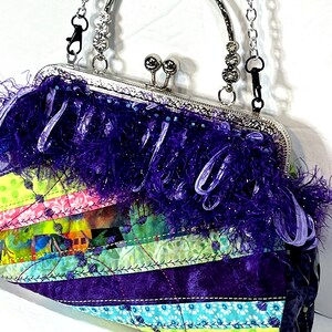 Bespoke Handbag: Crazy Quilt Inspired Bag, Embellished Purse with Silver Metal Clasp & Handle, Interior Pockets and Chain Strap