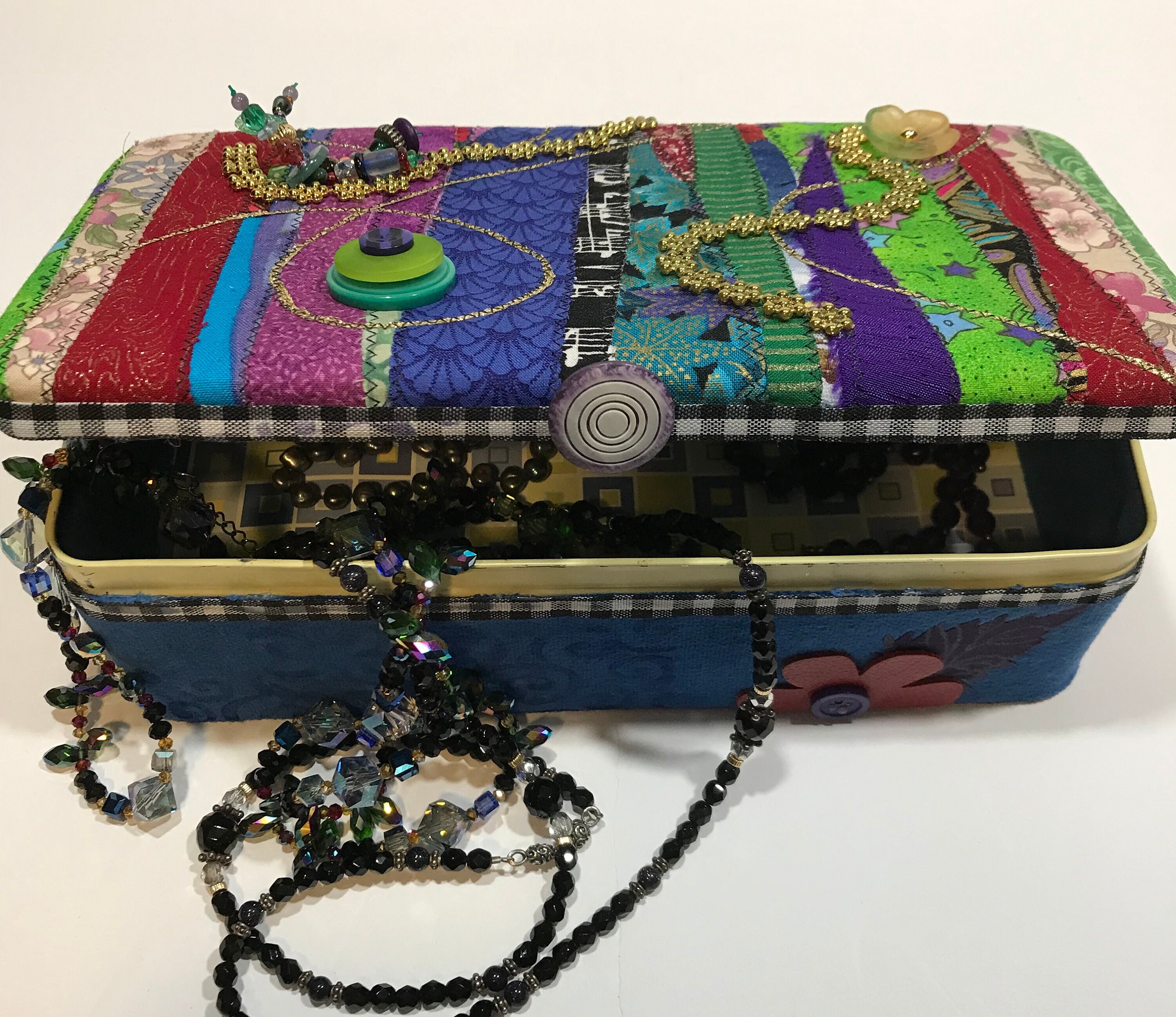 Treasure & Trinket Box: Crazy Quilt Inspired Storage, Featuring Scrappy Strip Collage, and Vintage Embellishments -- Recycled Tin Décor