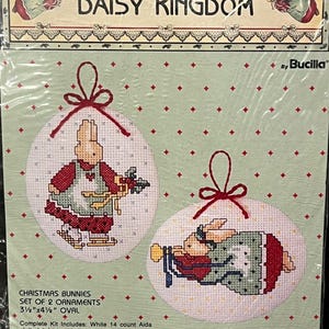 Christmas Bunnies Counted Cross Stitch Kit by Daisy Kingdom, Makes 2 Oval Holiday Ornaments, Stitchery Craft, New Old Stock 1991 by Bucilla