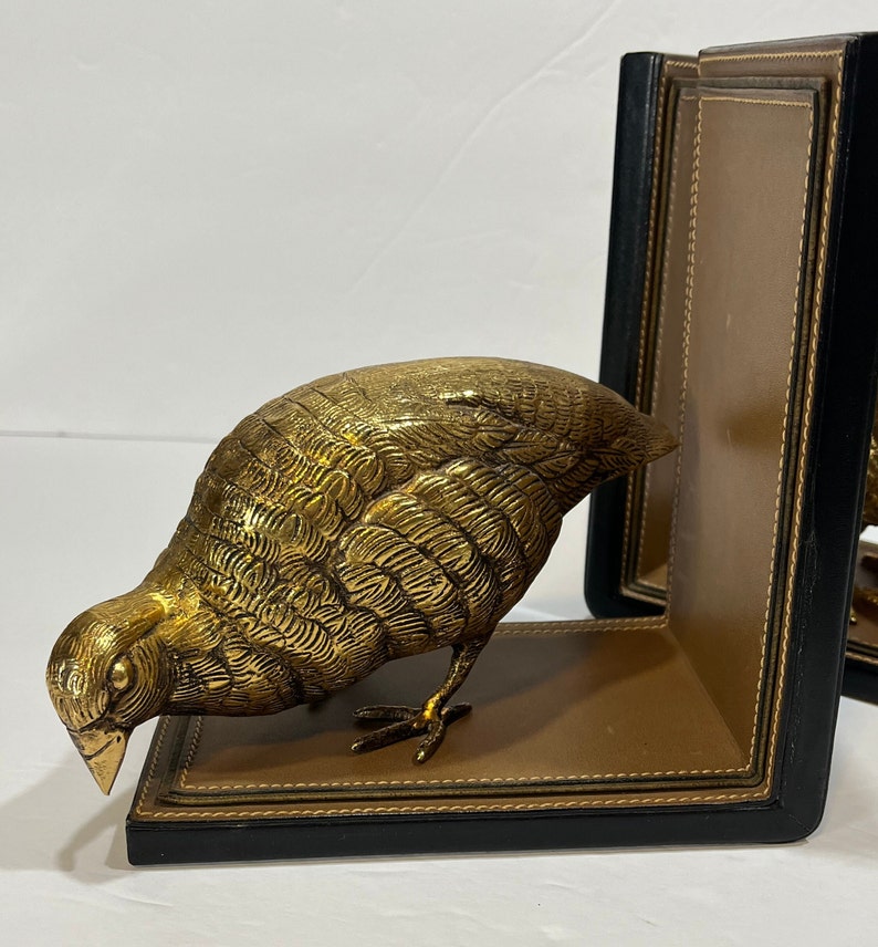 Rare Gucci 70's Vintage Quail Bookends Pair of Brass Birds on Leather