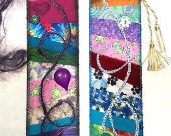 Bookmark Pair: Crazy Quilt Inspired set of 2 Bookmarks with Tassels, Embellished & Embroidered Textile Art Book Markers, Pieced Fabric Art