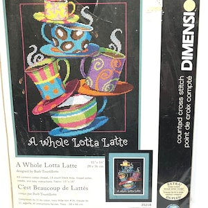 Kit punto croce per amanti del caffè, dimensioni NOS - "A Whole Lotta Latte" n. 14 Counted Stitchery, ricamo
