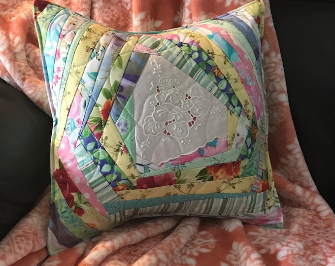 Crazy Quilt Pillow Décor Recycled Vintage Linen Center, Scrappy Strip