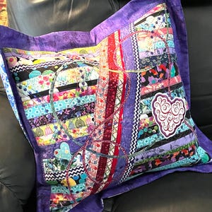 Scrappy Pillow Cover: Crazy Quilt Inspired Décor, Embellished, Embroidered & Appliqued with Hearts, Sham Only