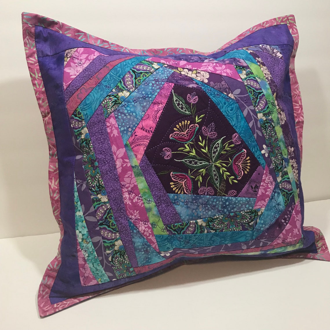 Crazy Quilt Pillow Décor Purple Silk with Floral Embroidery Etsy