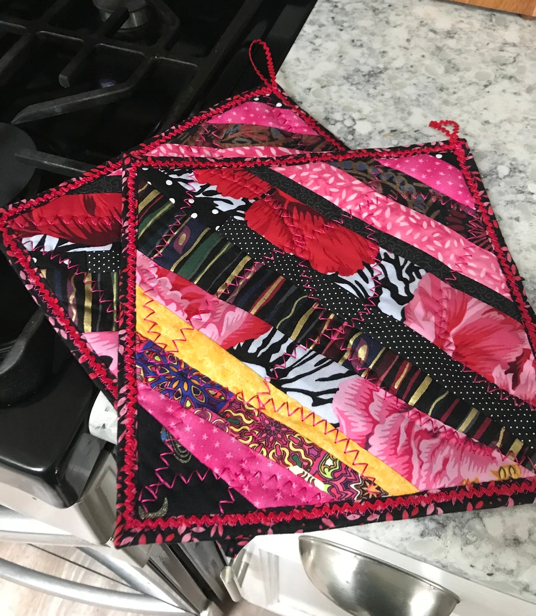 Potholder Pair Bold & Bright, Scrappy Strip Pieced, Quilted and