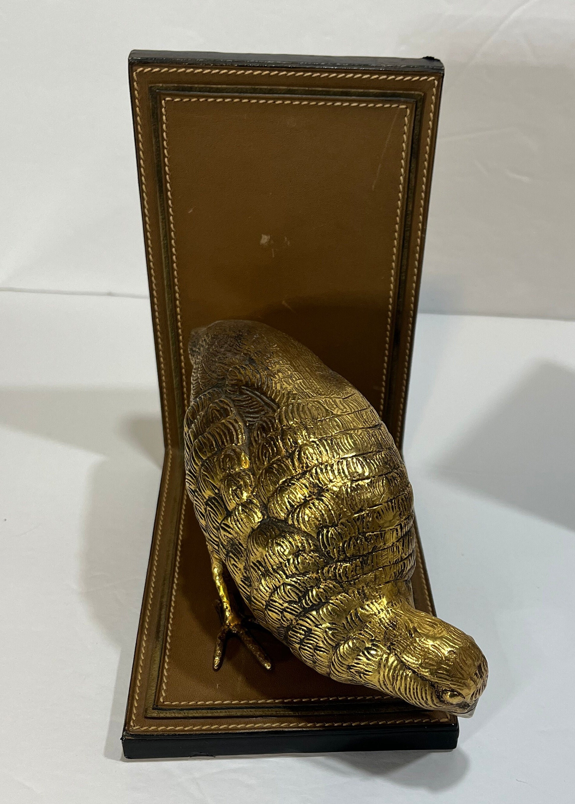 Rare Gucci 70's Vintage Quail Bookends Pair of Brass Birds on Leather