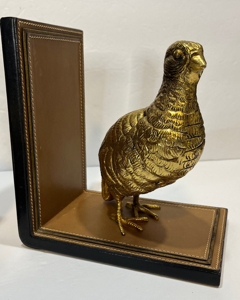 Rare Gucci 70's Vintage Quail Bookends Pair of Brass Birds on Leather