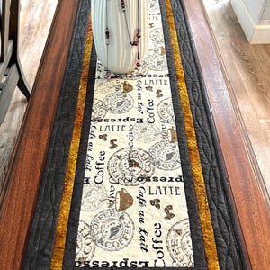 Coffee Lover Quilted Table Runner: Copper Batik Accent, Kitchen Decor (49")