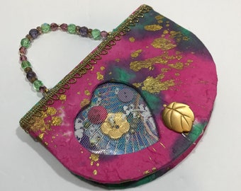 Purse Style Journal: Beaded Handle & Lace Window with Small Treasures, Blank Scrapbook, Embellished Diary with Painted Art Paper