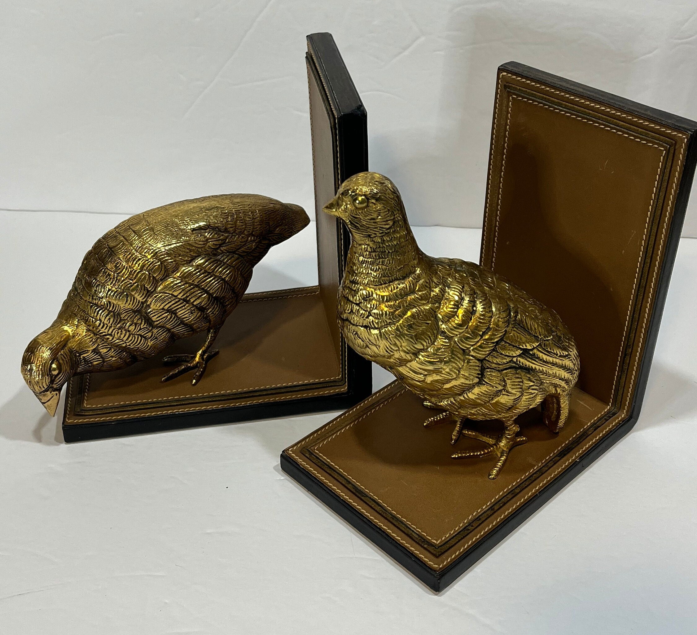 Rare Gucci 70's Vintage Quail Bookends Pair of Brass Birds on Leather