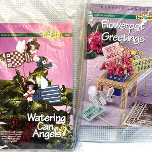 Angels or Flowerpot Garden Greetings: Plastic Canvas Kits, New Old Stock, House of White Birches by Vicki Blizzard, Spring & Summer Decor