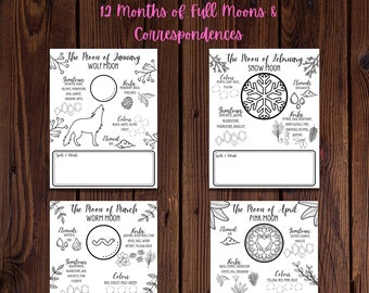12 Pleines Lunes et Correspondances- Pleine Lune-Sorts et Rituel Log-Lune Magie-Pleine Lune Magie-Lune Grimoire Page-Lune Livre des Ombres Page