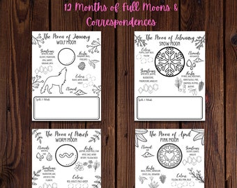 12 Full Moons and Correspondences- Full Moon-Spells and Ritual Log-Moon Magic-Full Moon Magic-Moon Grimoire Page-Moon Book of Shadows Page