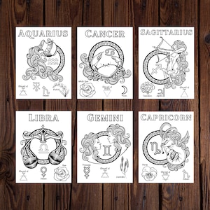 May include: Black and white line art illustrations of the 12 zodiac signs. Each sign is surrounded by a decorative border and includes the sign's symbol, element, and ruling planet. The signs are: Aquarius, Cancer, Sagittarius, Libra, Gemini, and Capricorn.