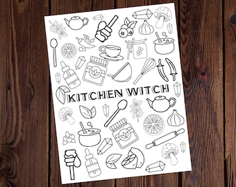 May include: Black and white printable coloring page with the text "Kitchen Witch" and various kitchen witchy illustrations, including herbs, crystals, a cauldron, a teapot, and a rolling pin.