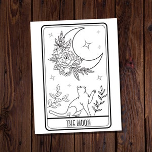 De maan Tarot kaart kleurplaat-de maan kleurplaat-Tarot kleuren-Witchy kleuren-kat kleuren-spirituele kleuren-bloemen kleuren
