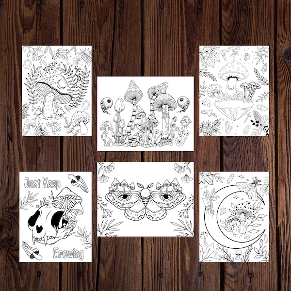 6 Pack Mushroom Coloring Pages-Magic Mushroom Coloring Sheets-Witchy Coloring Page-Magical Coloring-Psychedelic Coloring Pages-Shrooms Color