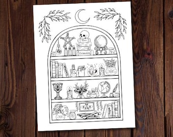 Witches Collection-Coloring Page-Witchy Coloring Page-Spiritual Coloring-Moon Coloring-Magic Coloring Page-Crystals-Potions-Witchy Books