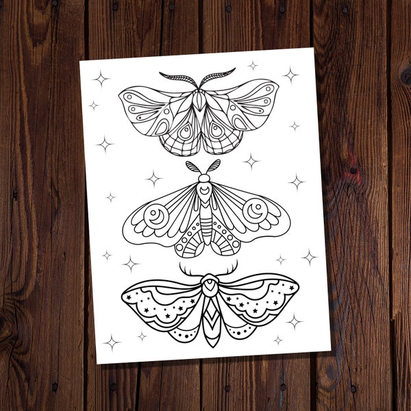 Moth Coloring Page-Witchy Coloring Page-Occult Coloring Page-Magic Coloring Page-Stars Coloring-Moths Coloring-Insect Coloring Page-DeStress